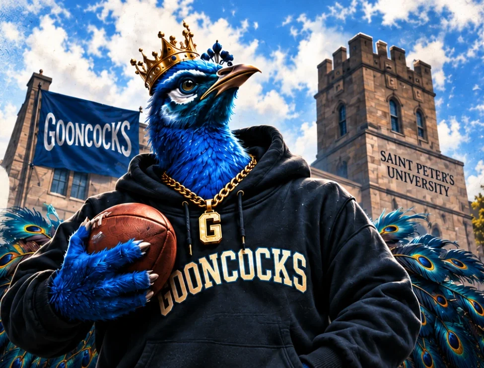 The Gooncocks peacock in a gold crown and GOONCOCKS hoodie, holding a football in front of Saint Peter's University